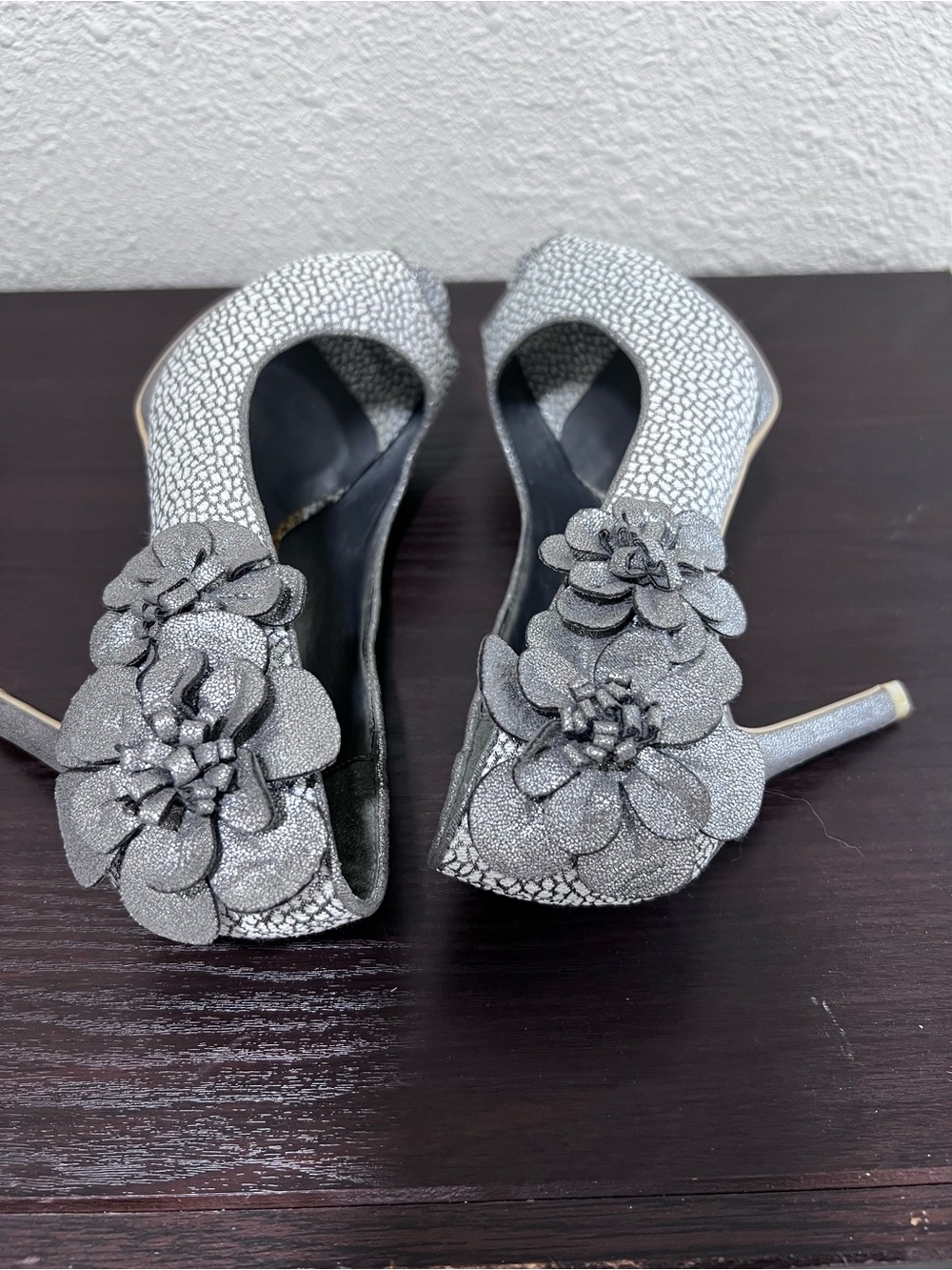 Silver Floral Appliqué Peep-Toe Heels